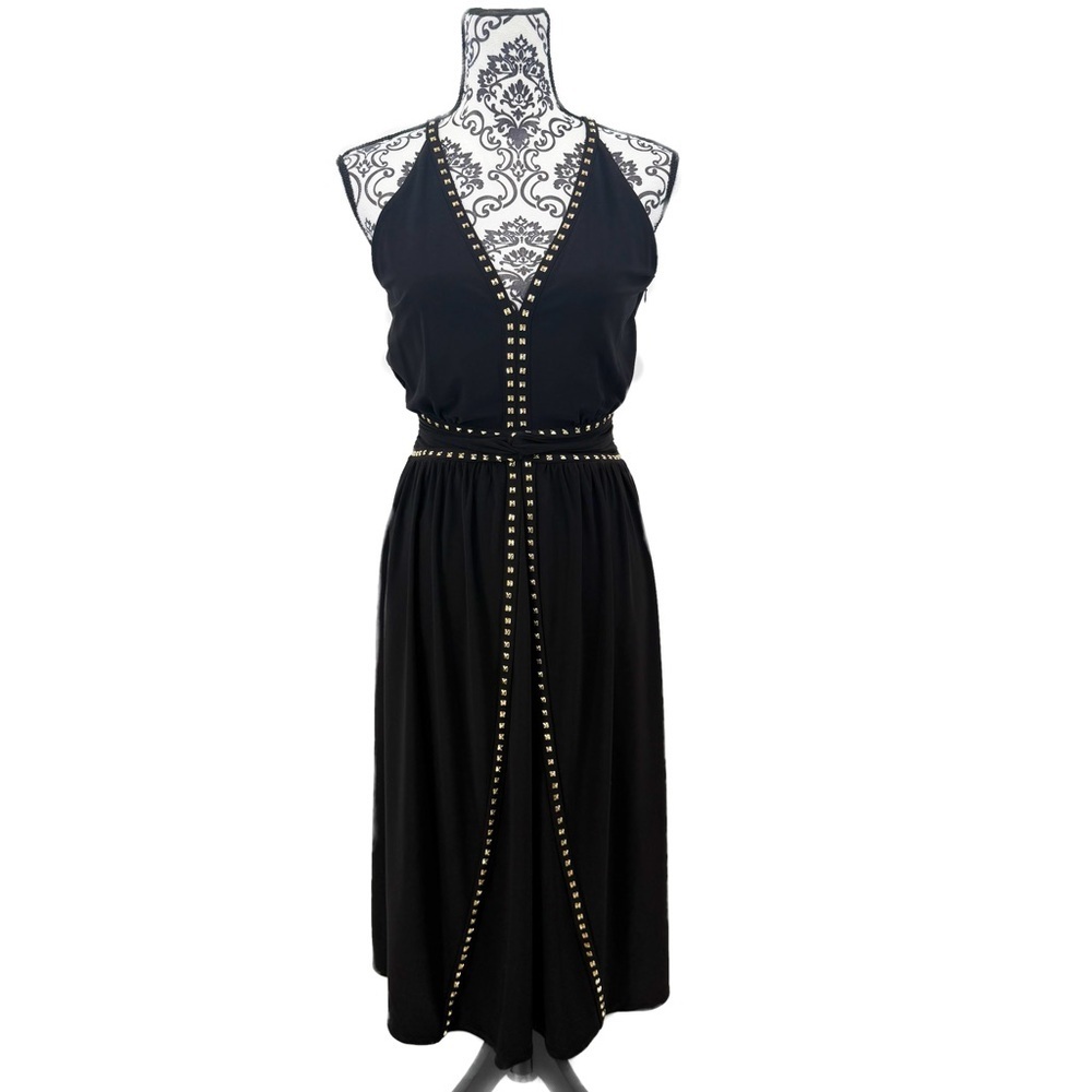 WHBM Sleeveless Black Studded Matte Jersey Midi Glam Party Cocktail Dress, 6